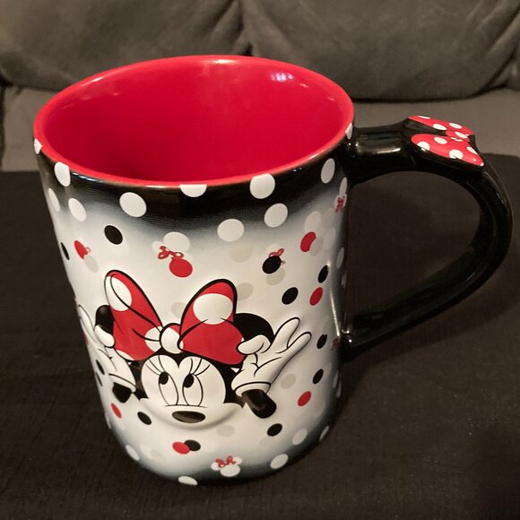 Disney Minnie Mouse Coffee Mug Cup-3D Black/White & Red Polka-Hair Bow on Handle - Picture 8 of 9
